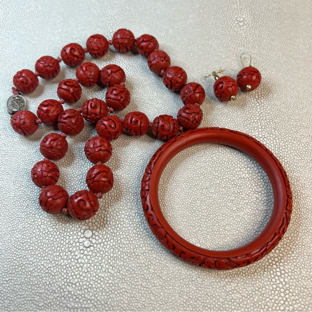Vintage Authentic Cinnabar Set of Necklace, Bangle Bracelet & Pierced Earrings